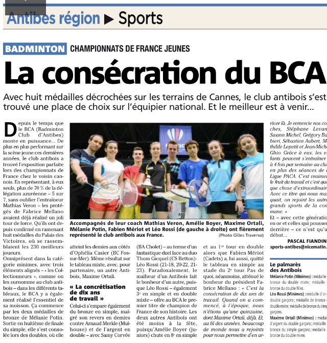 Championnat France Jeunes : Article Nice matin